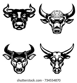 Set of hand drawn bull heads on white background. Design elements for emblem, sign, badge. Vector illustration