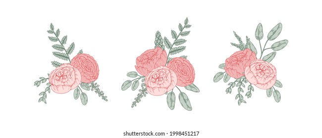 Montaje de flores dibujadas a mano. Ilustración vectorial. Elemento de diseño de floristería de bodas
