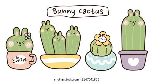 Set of hand drawn bunny cactus on white background.Catoon character design collection.Animal doodle style.Rabbit kawaii concept.Vector.Illustration.