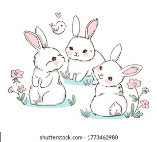 Set Hand Drawn Bunny   little bird  flowers  Cute Rabbits Vector  Print Design for Kids Fashion 