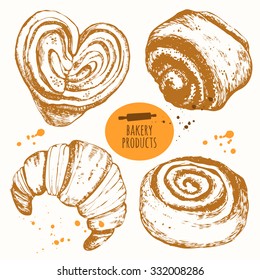 Set of hand drawn buns and croissant. Black and white sketch food. Fresh organic. Vector illustration with bakery products.