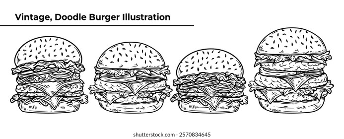 set of hand drawn Burger doodle illustration. Vintage Burger Doodle Line art Collection. Doodle Burger Collection. 