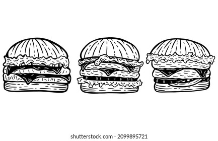 Set Hand Drawn Burgers Cheese Fry Chicken Fast Food Packaging Menu Cafe Restaurants illustration