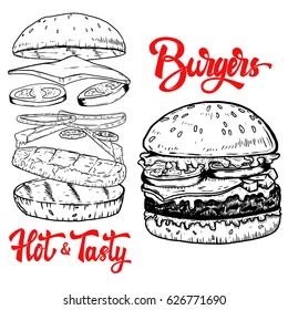 Set of hand drawn burgers illustrations. Design elements for poster, menu, flyer. Vector illustrations