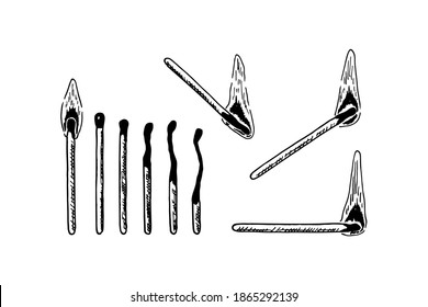 Set of hand drawn burning matches isolated on white background. Vector illustration in sketch style