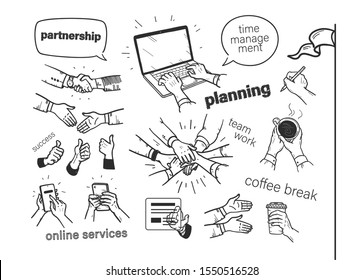 Set of hand drawn business concepts: planning, time management, teamwork, online service. Hand drawn human hands, mobile phone, laptop, coffee cup isolated on white background. Vector illustration.