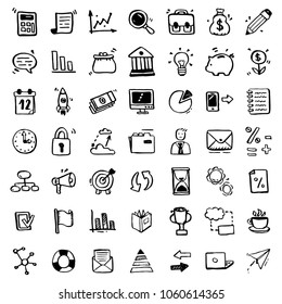 Set of hand drawn business doodle icon: money, cloud, document, calculator, clock, coffee, diagram, pen, arrow. Vector illustration for infographic, icon, business concept design ideas. Sketch design