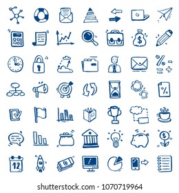 Set of hand drawn business doodle icon: money, cloud, document, calculator, clock, coffee, diagram, pen, arrow. Vector illustration for infographic, icon, business concept design ideas. Sketch design