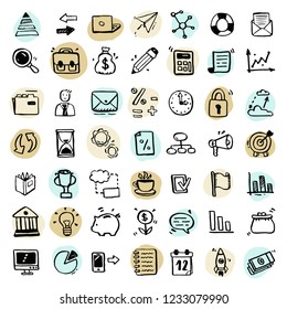 Set of hand drawn business doodle icon: money, cloud, document, calculator, clock, coffee, diagram, pen, arrow. Vector illustration for infographic, icon, business concept design ideas. Sketch design