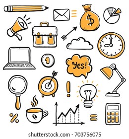 Set of hand drawn business doodle elements: money, cloud, document, calculator, coffee, clock, diagram, pen, arrow. Vector illustration for infographic, icon, business concept design. Sketch style.  