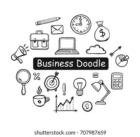 Set of hand drawn business doodle elements: money, cloud, document, calculator, coffee, clock, diagram, pen, arrow. Vector illustration for infographic, icon, business concept design. Sketch style.