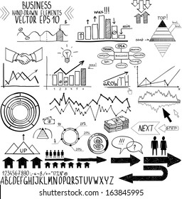 Set Of Hand Drawn Business Finance Elements Vector Illustration. Concept - Bank, Stats, Economy, Money