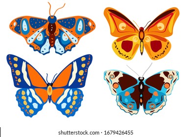 Set of hand drawn butterflies, doodle, boho style, bright colorful insects isolated on white.