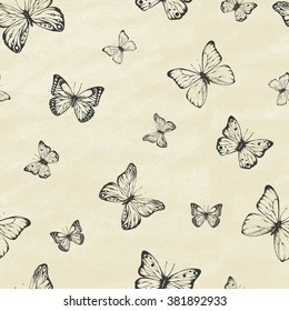 Set of hand drawn butterflies. Entomological collection of highly detailed hand drawn butterflies. Retro vintage style. Seamless pattern. Vector illustration.