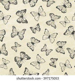 Set of hand drawn butterflies. Entomological collection of highly detailed hand drawn butterflies. Retro vintage style. Seamless pattern. Vector illustration.