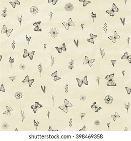 Set of hand drawn butterflies. Entomological collection of highly detailed hand drawn butterflies and branches, flowers, leaves. Retro vintage style. Seamless pattern. Vector illustration.