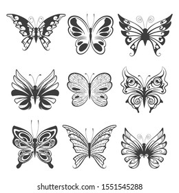 Set of Hand Drawn Butterflies isolated on white background. Vector illustration.