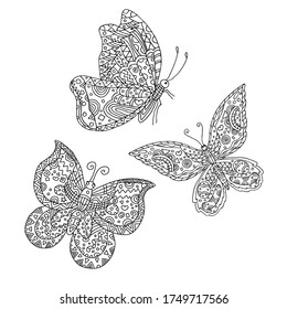 Set of hand drawn butterflies,  isolated on white background. Perfect for antistress coloring page for adults and kids, t-shirt design, emblem, decoration, etc. Vector illustration.