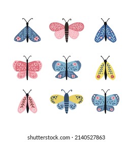 Set of hand drawn butterflies on a white background. Collection of tropical flying insects with decorative wings. Flat vector illustration.
