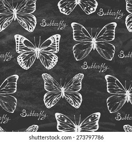 Set of hand drawn butterflies on the blackboard. Entomological collection of highly detailed hand drawn butterflies. Retro vintage style. Vector illustration.  Seamless pattern.