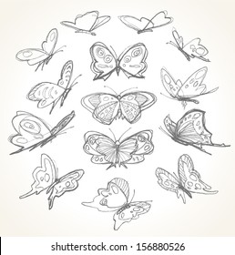 Set of hand drawn butterflies. Pencil sketch. 