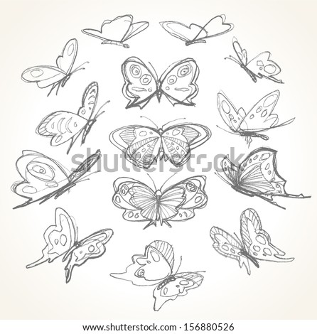 Set Hand Drawn Butterflies Pencil Sketch Stock Vector Royalty Free