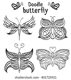 Set of hand drawn butterfly with boho pattern. Tribal doodle elements. Vector element for your creativity.