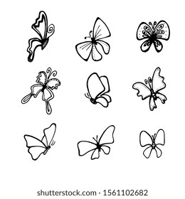 Set Of Hand Drawn Butterfly Cute Doodle. Small Animals Sketch Vector Illustration Isolated On White Background  