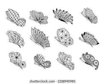 Set of hand drawn butterfly doodle elements for coloring, invitation, postcard.