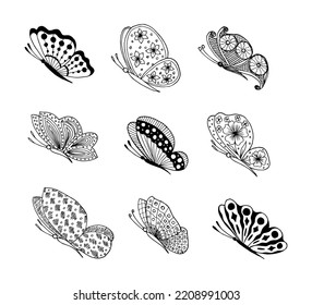Set of hand drawn butterfly doodle elements for coloring, invitation, postcard.