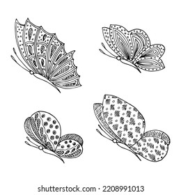 Set of hand drawn butterfly doodle elements for coloring, invitation, postcard.