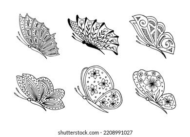 Set of hand drawn butterfly doodle elements for coloring, invitation, postcard.