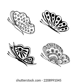 Set of hand drawn butterfly doodle elements for coloring, invitation, postcard.