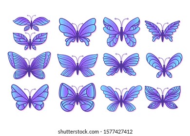 Set hand drawn butterfly with various blue wings. Colorful magic girlish fashion cliparts. Vector stock illustration isolated on white background