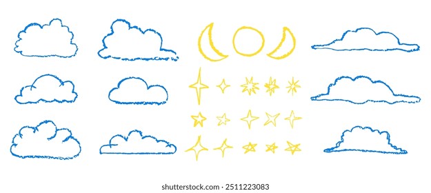 Conjunto de dibujado a mano por el lápiz de cera nubes estrellas y luna. Colección de escritura por niños Elementos de cielo nocturno de contorno pastel. Nubes mullidas azules en estilo doodle con textura grunge. Ilustración vectorial