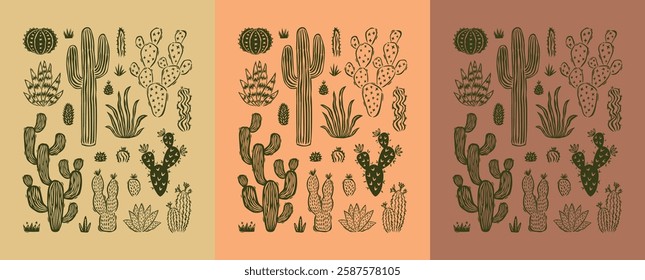 Set of hand drawn cacti. Collection of desert plant illustrations. Decorative posters for interiors. Minimalist design with vibrant colors. Vector illustration.