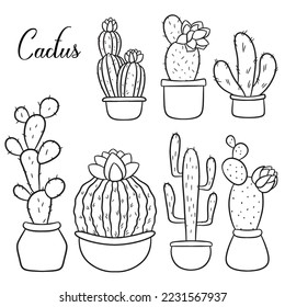 Set of hand drawn cacti in pots. Line art with white background. Isolated vector illustration