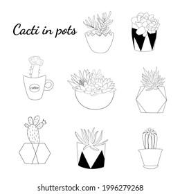 Set of hand drawn cacti and succulents. Collection of plants in pots. Spiny desert plants, cactus flowers and tropical plants. Hand-drawn illustration in a sketch style.