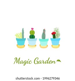 Set of hand drawn cacti and succulents. Collection of plants in pots. Spiny desert plants, cactus flowers and tropical plants. Vector collection of doodle plants.