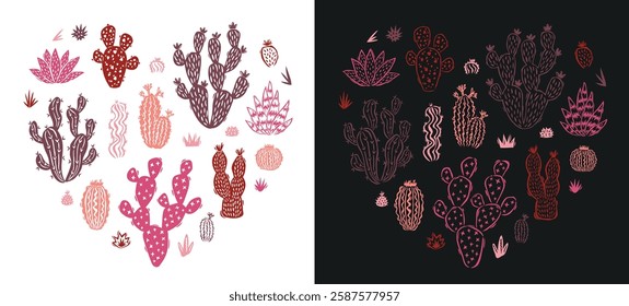 Set of hand drawn cacti and succulents in a heart shape. For emblems, stickers, posters, cards. Vector illustration in vibrant pink colors