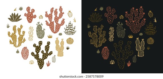 Set of hand drawn cacti and succulents in a heart shape. For emblems, stickers, posters, cards. Vector illustration in autumn colors