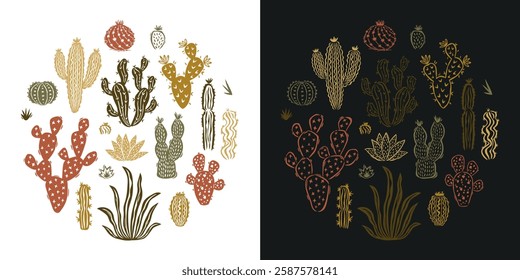 Set of hand drawn cacti and succulents in circular shape. For emblems, stickers, posters, cards. Vector illustration in autumn colors.