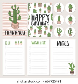 Set of hand drawn cactus cards and planners