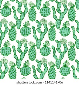 Set hand drawn cactus with flowers. Seamless pattern. Vector illustration isolated on white background