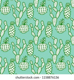 Set hand drawn cactus with flowers. Seamless pattern. Vector illustration isolated on green background