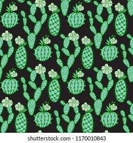 Set hand drawn cactus with flowers. Seamless pattern. Vector illustration isolated on dark background