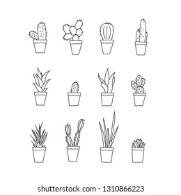 Set of hand drawn cactus plants in a cartoon style including agave, aloe vera and cacti in pots. Line art on transparent background