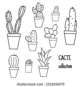 Set of hand drawn cactus plants in a cartoon style including agave, aloe vera and cacti in pots. Line art with transparent background