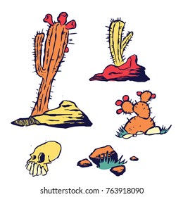 Set of Hand Drawn Cactus and Rocks