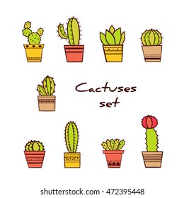 Set of Hand Drawn Cactus and Succulents in Pots / Cactus Isolated on White Background